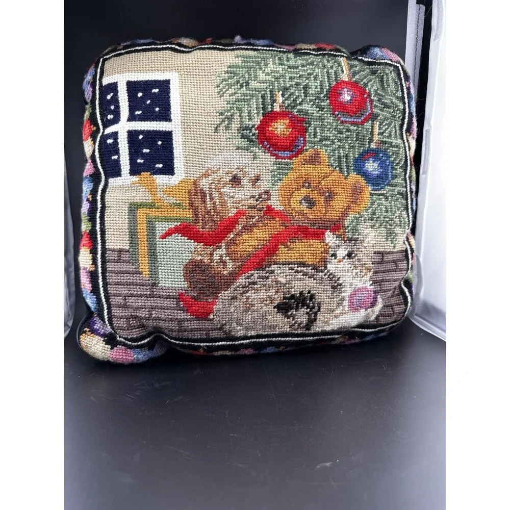 Wool Needlepoint Pillow Christmas Dog Cat Teddy Bears Tree Vintage Complete READ